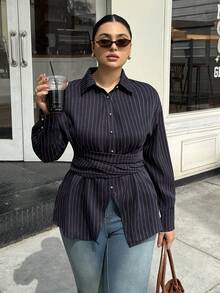 Dripcurv Women's Plus Elegant Waist Cinched Long Sleeve Shirt,Striped Blouse,Navy Blue,Autumn,Smart Casual,Everyday,Slim Fit Button Top For Business,Vacation - Navy Blue - View 5