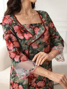 Al Najma Square Neck Ruffle Sleeve Mesh Embroidered Floral Trim Asymmetrical Print Dress - Multicolor - View 2