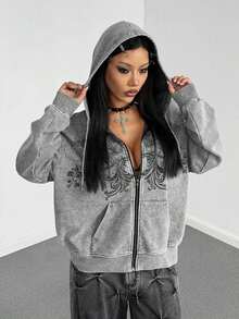 StreetHx Women's Y2K Style Gothic Retro Distressed Loose Hoodie Streetwear, Autumn/Winter - Grey - View 6