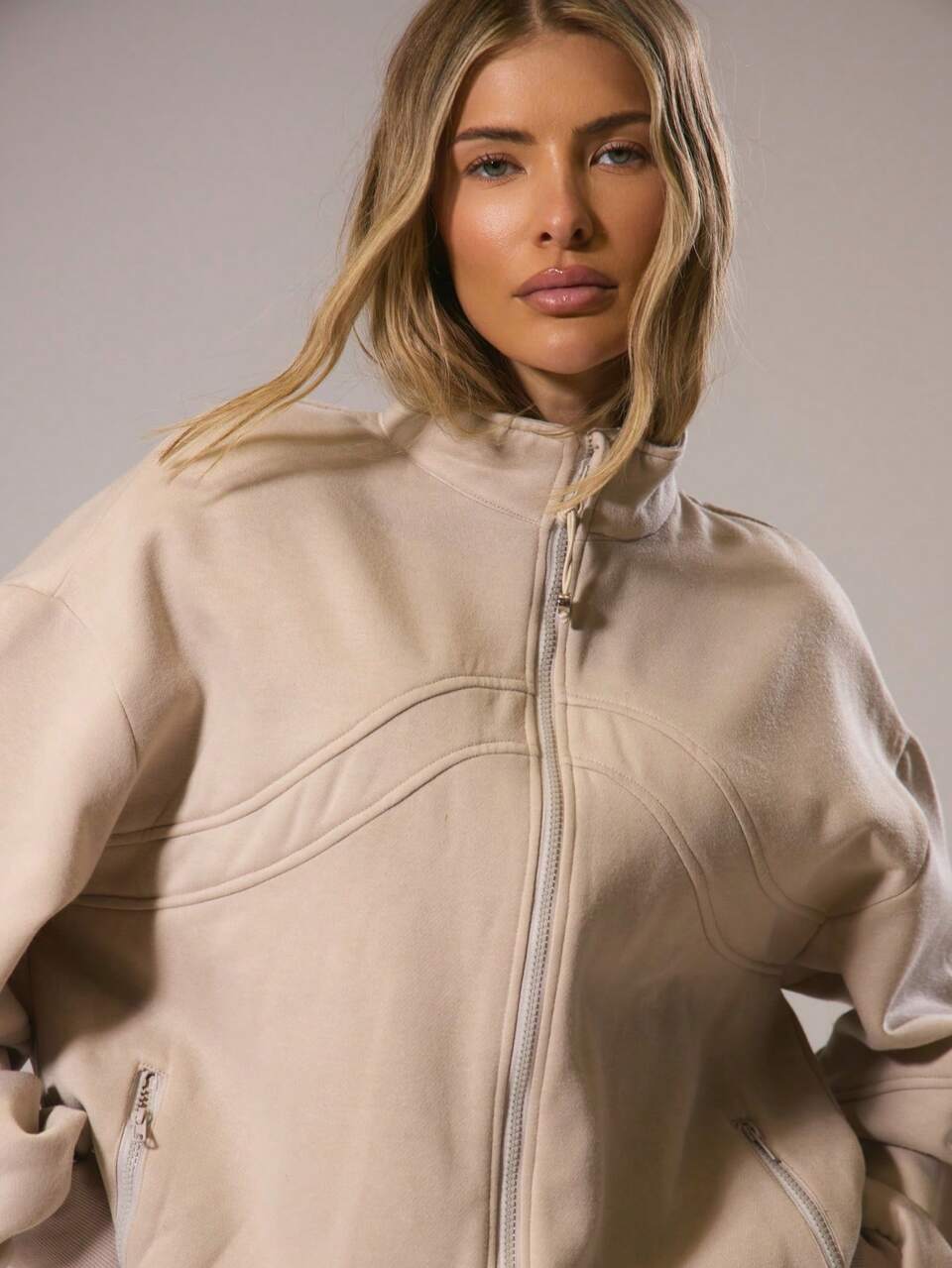 Active Oversized Drop Shoulder Seam Detail Zip Through Jacket Gym Workout Lounge Padel Fitness Casual Yoga Pilates Daily