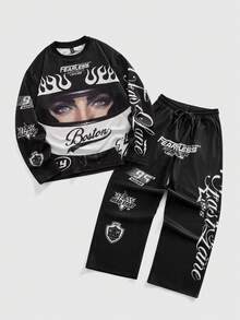 ROMWE MEN Street Life Men's Digital Character & Motorcycle Graphic Long Sleeve T-Shirt And Pants Set - Black and White - View 1