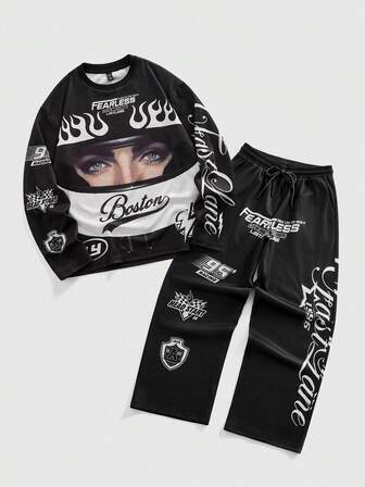 Street Life Men's Digital Character & Motorcycle Graphic Long Sleeve T-Shirt And Pants Set