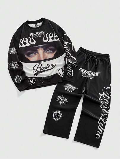 Street Life Men's Digital Character & Motorcycle Graphic Long Sleeve T-Shirt And Pants Set