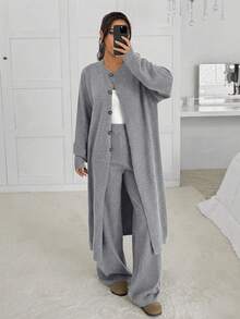 SHEIN EZwear 女士休闲百搭阔腿针织裤，秋冬季 - 灰色 - 查看 6