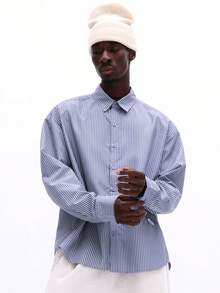 Áo sơ mi dài tay cổ bẻ dáng rộng SUMWON kẻ sọc, thích hợp mặc thường ngày, công sở, trang trọng, mùa xuân hè. - Màu xanh lam - Xem 4