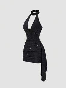 Sweetra Váy ngắn vải bóng đen thanh lịch mới, cổ chữ V, ôm sát, thiết kế eo thắt, thích hợp cho tiệc năm mới, đi làm, mặc hàng ngày - màu đen - Xem 1