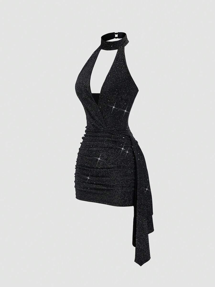 Sweetra Váy ngắn vải bóng đen thanh lịch mới, cổ chữ V, ôm sát, thiết kế eo thắt, thích hợp cho tiệc năm mới, đi làm, mặc hàng ngày - màu đen - Xem 1