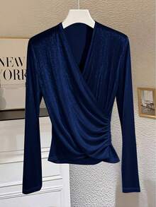 Qadelle Camiseta de terciopelo elegante color albaricoque para mujer, otoño/invierno - azul real - Ver 3