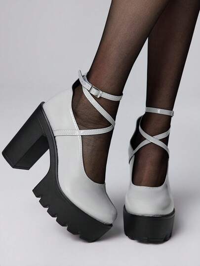 Women's Closed Toe Cross-Strap Mary Jane Shoes, Punk Goth Platform Thick Heel One-Strap Buckle Strap JK Uniform Shoes, Waterproof Work Heels