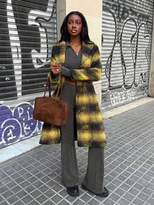 Modviera Abrigo largo de estilo casual y escolar con estampado para mujeres, conjunto de dos piezas a cuadros de otoño/invierno estilo vintage de los 70, abrigo de tweed amarillo de Jamaica para mujer, abrigo a cuadros de estilo callejero vintage Y2K para otoño e invierno, adecuado para vacaciones, citas, té de la tarde, estilo occidental