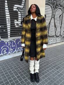 Modviera Abrigo largo de estilo casual y escolar con estampado para mujeres, conjunto de dos piezas a cuadros de otoño/invierno estilo vintage de los 70, abrigo de tweed amarillo de Jamaica para mujer, abrigo a cuadros de estilo callejero vintage Y2K para otoño e invierno, adecuado para vacaciones, citas, té de la tarde, estilo occidental