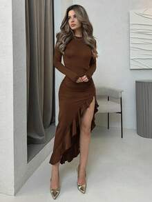 Jemour 1pc Women's Solid Color Round Neck Fitted Ruffle Asymmetrical Hem Long Sleeve Dress ,Petite Women - Coffee - View 6
