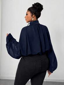 Maweii Áo cánh tay đèn lồng cổ cao màu trơn cỡ lớn thanh lịch cho nữ - Màu xanh hải quân - Xem 6