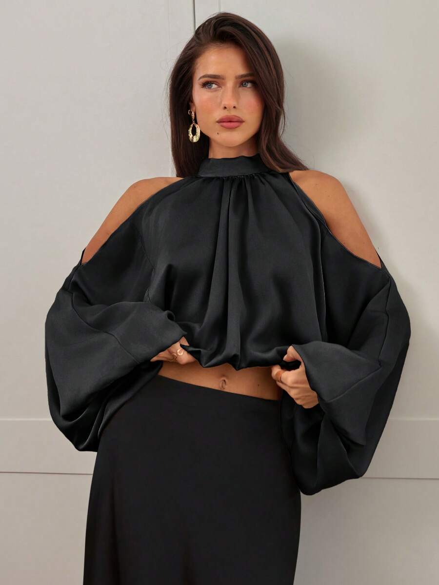 Aloruh 女士新款缎面长袖衬衫，纯色乳白色和香槟色，泡泡袖设计，优雅性感派对装，秋冬款 - 黑色 - 查看 1