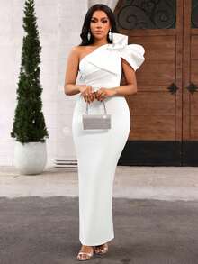 SHEIN Lady Black & White Contrast Bow Accent Long Formal Dress - White - View 6