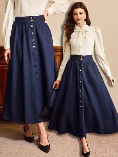 Vintamour Women's High Waist Single-Breasted Casual Denim A-Line Skirt Winter Clothes For Women Christmas Clothes New Year Skirt Party Skirt Elegant Women Women Dark Wash Button Front A-Line Denim Midi Skirt For Casual Elegant Style