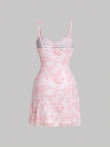 SHEIN MOD Floral Print Drawstring Front Cami Net Pink Mini Dress,Valentine Outfits - Multicolor - View 2