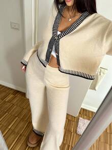 SHEIN EZwear 2 件女式条纹 V 领落肩长袖纽扣开衫和针织裤套装，秋冬 - 杏色 - 查看 2