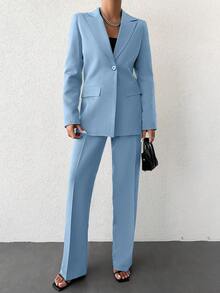 EURMUSE Ladies' Casual Solid Color Suit With Long Coat And Pants - Baby Blue - View 4