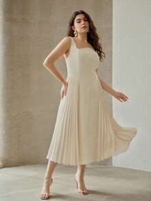 MOTF PREMIUM PLUS ELEGANT ROMANTIC PLEATED U-NECK SLEEVELESS DRESS, SPRING/SUMMER - Beige - View 5