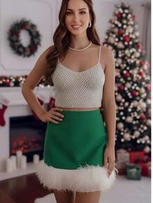 Falda Chic Para Fiesta Navideña Ajustable Corta con ribete de peluche - verde - Ver 1