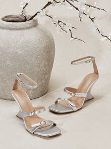 SHUZIA 女士优雅舒适金属PU踝带坡跟凉鞋 - 銀色 - 查看 6