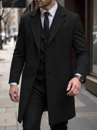 Manfinity Bizformal Men's Front Button Long Sleeve Pocket Casual Jacket, Going Out Business Overcoat, For Friends, Husband, Boyfriend Gifts, Men Black Trench Coat, Men Double Breasted Coat, Men Belted Coat Men Coat Suit Overcoat Men Men Black Dress Outfits Black Suit For Men Suits For Men Tuxedo