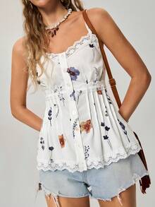 Freevana Áo hai dây nữ in hoa, cài cúc phía trước, phong cách mùa hè boho lãng mạn đồng quê. - trắng - Xem 3