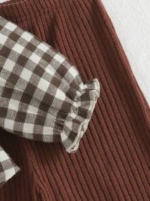 Cozy Pixies 2 pièces Ensemble Top à manches longues col rond avec nœud décoratif et pantalon droit à taille élastique pour bébé fille en patchwork à carreaux - Tabac - Voir 7