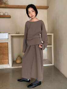 DAZY 2pcs/Set Tween Girls Crew Neck Knit Long Sleeve Top And Skirt Outfit, Fall