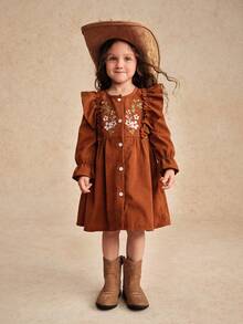 年轻女孩花卉刺绣荷叶边饰荷叶边袖纽扣前灯芯绒连衣裙深绿色年轻女孩连衣裙