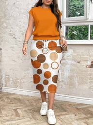 SHEIN LUNE 2pcs Set Plus Size Women Casual Dotted Print Loose Round Neck Top And Skirt Set, Suitable For Summer