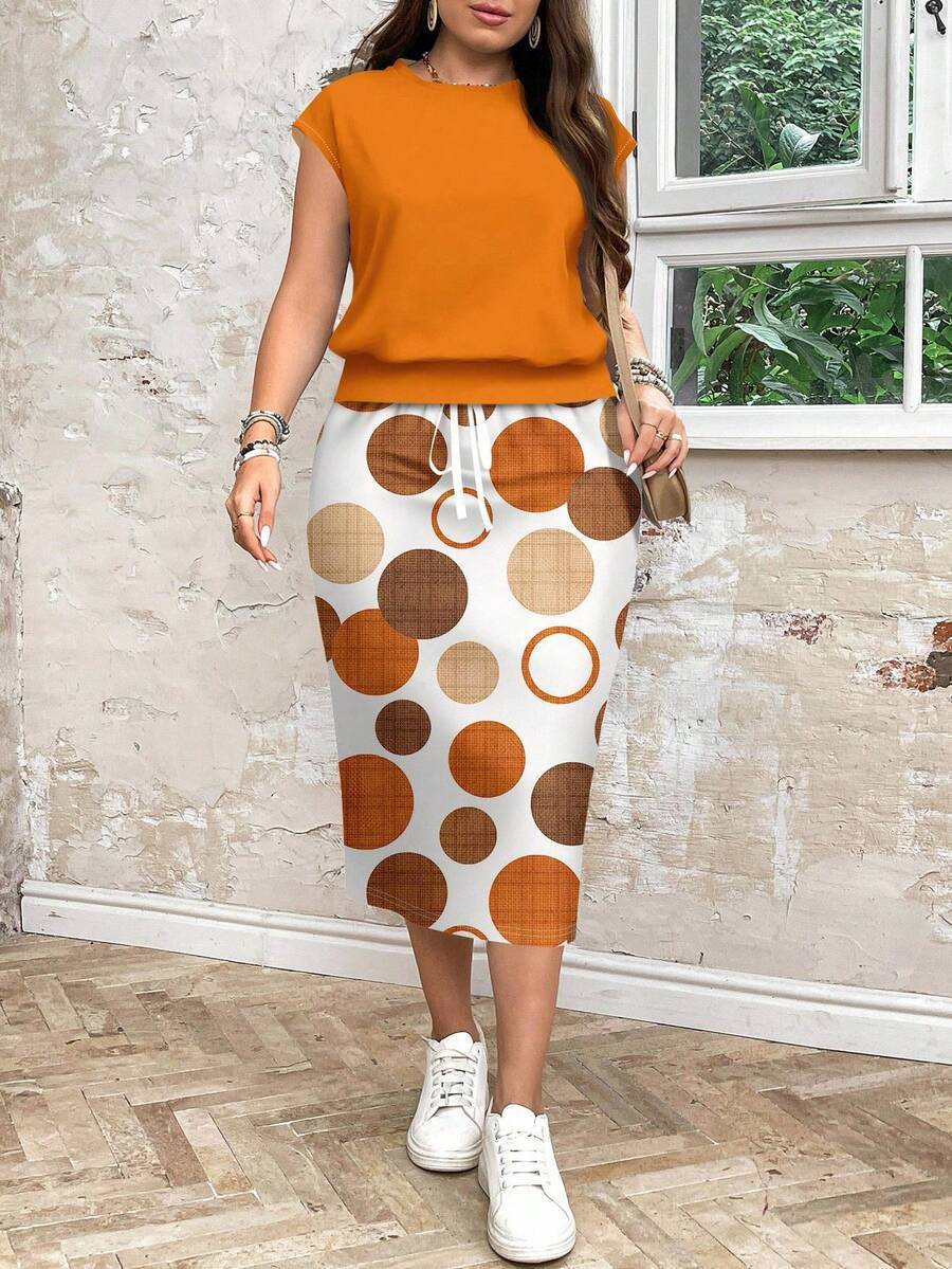 SHEIN LUNE 2pcs Set Plus Size Women Casual Dotted Print Loose Round Neck Top And Skirt Set, Suitable For Summer - Multicolor - View 1