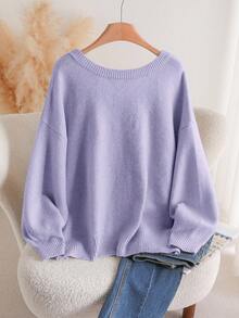 CosyJoli 大码休闲V领蝴蝶结系带宽松套头毛衣 - 紫丁香色 - 查看 2