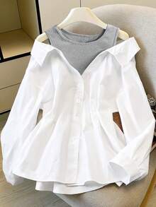 EMERY ROSE 大码休闲女式落肩单排扣衬衫 - 白色 - 查看 5