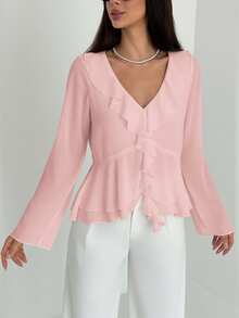Aloruh 女士新款时尚通勤日常休闲波西米亚风荷叶边装饰深V领长袖修身衬衫 - 藕粉色 - 查看 5