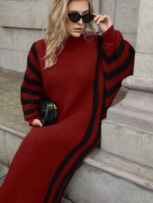 Juhart 大码女式纯色针织连衣裙，条纹袖口高领毛衣裙，适合圣诞节、万圣节、返校季、办公、度假等场合。 - 紅色 - 查看 3