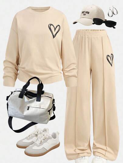 SHEIN Girlism Teen Girls 2-Piece Casual Outfit - Loose Fit Crew Neck Knit Top With Graphic Print And Relaxed Fit Shorts, Suitable For Everyday Wear, Back-To-School, Holidays, Family Outdoor Activities, Spring Picnics, And Various Occasions Set Outfit For Women Girl Y2k Outfit Girld Outfit Set Full Outfit Set Teen Y2k Outfit