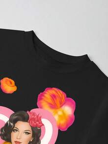 INAWLY Women's Casual Floral & Portrait Graphic Round Neck Short Sleeve Fitted T-Shirt, Summer - Multicolor - View 3