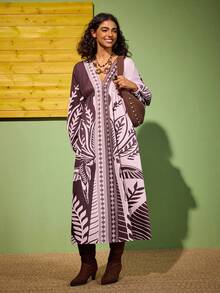 Felipe Marques 女士花鸟印花长袖深V性感连衣裙，适合派对、晚宴、度假、休闲穿着，有白色和红色可选，秋冬季款 - 紅色 - 查看 5