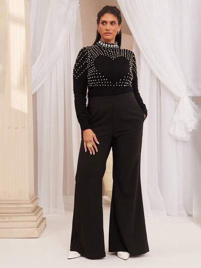 VOLUPTÉ CURVE Plus Size Fall Winter Black Solid Knit Long-Sleeve Slim Turtleneck Heart Jewel Decor Mid-Length Sweater Top For Party, Going Out, Birthday, Festival