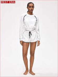 Rest Era Women's Raglan Sleeve Fluffy Top And Drawstring Waist Shorts Lounge Set, Winter Clothes - White - View 7