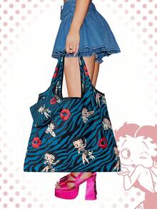 Betty Boop | ROMWE Large Capacity Foldable Tote Bag With Coin Pouch, Portable Shopping Bag - Royal Blue - View 8