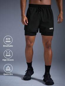 DRIFTMERE 男士轻便速干印花字母抽绳休闲短裤，适合运动、日常穿着、春夏季节度假穿着。这款男士速干轻便短裤，弹性极佳，透气凉爽，适合健身房锻炼，是夏季休闲运动风的理想之选。 - 黑色 - 查看 1