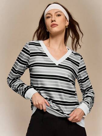 Hanevo Casual Contrast Stripe V-Neck Sweatshirt, Autumn