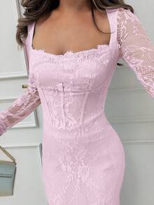 Jemour 女式新款夏季派对约会晚会性感S型蕾丝长袖胸罩鱼骨方领紧身黑色长裙 - 粉色 - 查看 3