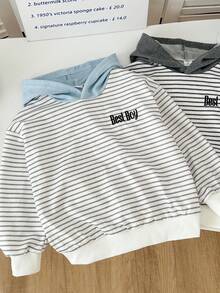 SHEIN 2件套男童简约韩版黑白条纹拼接灰/蓝连帽卫衣，清新日常春季穿搭 - 黑與白 - 查看 3