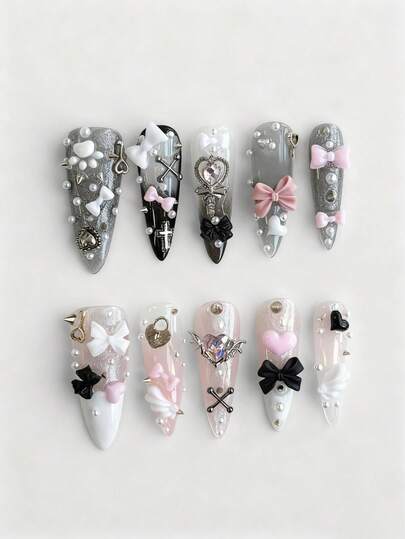 10pcs Dark Punk Style Halloween Handmade Press-On Nails + 3 Sheets Double-Sided Adhesive, Y2K Gothic Manicure Set, Removable, Rhinestone Decorated With Faux Pearl Chain, Suitable For Festivals, Parties, Dancing And Daily Wear