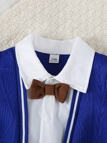 SHEIN Infant Boys' Autumn New Gentleman Style 2 In 1 Jumpsuit Baby Boy Korean Style Outfit Baby Boy Blue Jumpsuit Baby Boy Bow Tie Outfit Baby Boy Classic Outfit Baby Boy Full Sleeve Romper Baby Boy Gentleman Suit Blue Vintage Baby Boy Outfit