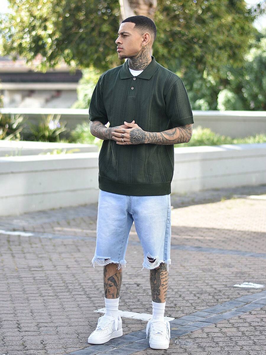 Devon Thys 男士休闲针织 Polo 衫，透气绿色针织衫，常规款式，短袖，经典 Polo 领 - 橄欖綠 - 查看 1